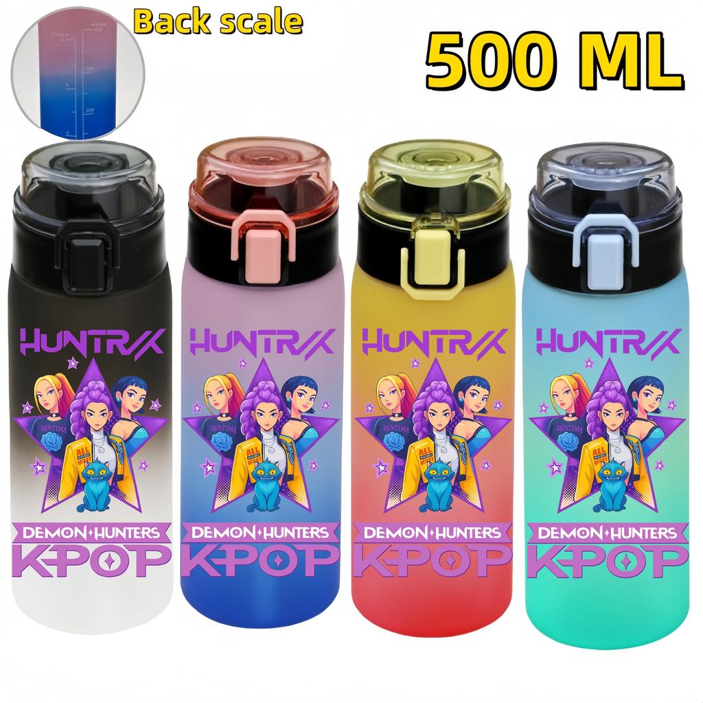 KPop Demon Hunters Sports Water Bottle Portable Leak Proof Plastic Cup Level Line Outdoor Fitness 500ML with for Kid Friendly Entertaining Fun Play