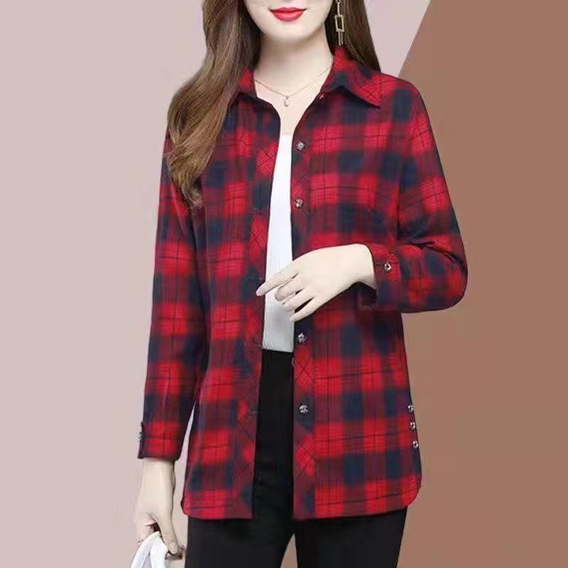 Women's Long Sleeve Plaid Shirt Standing Collar Casual Shirt Loose Large Size Shirt