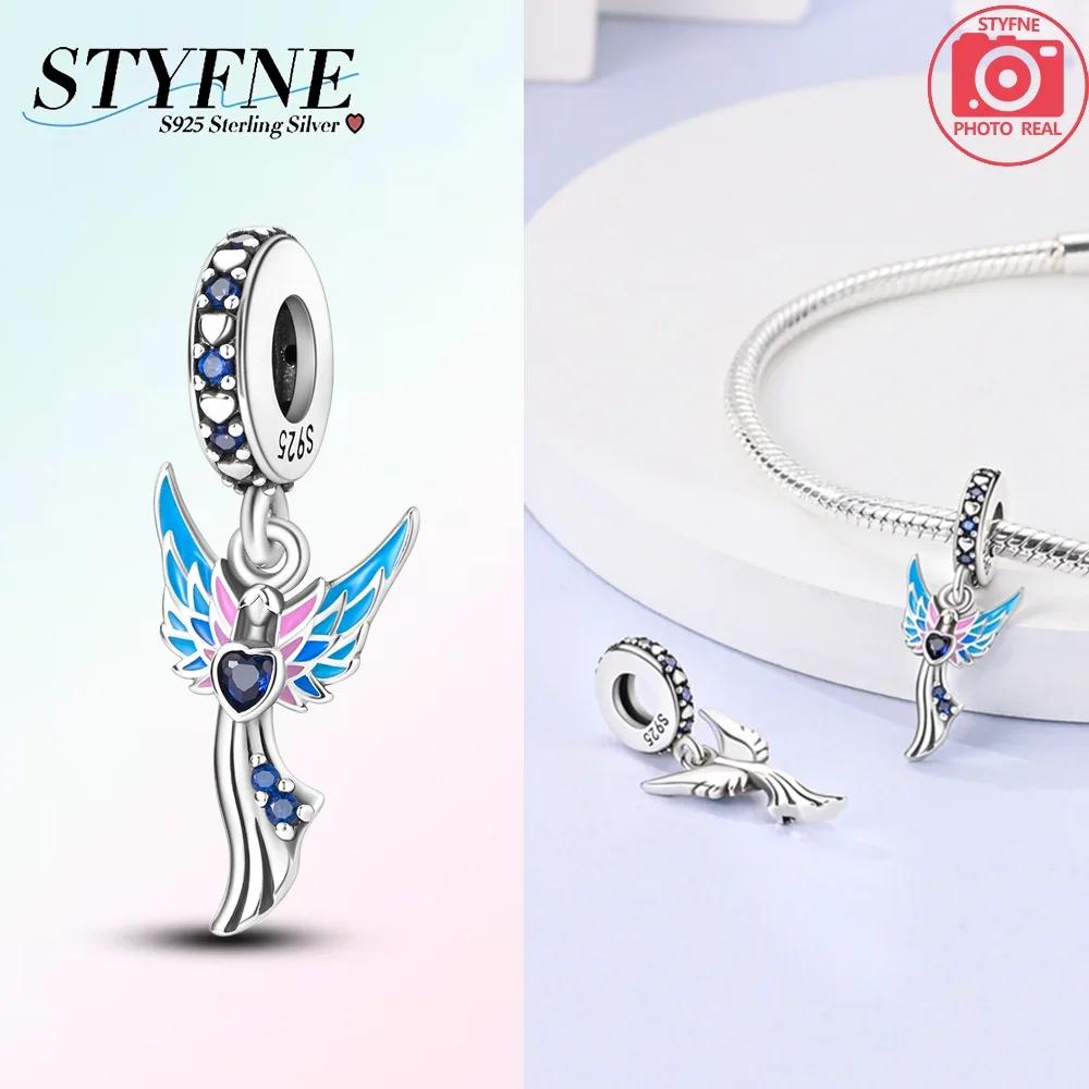 Copper Original Pink-Winged Angel Cross Green Garland Girl Pendant Charm Beads Fit Bracelet Women Diy Fine Gift Accessory