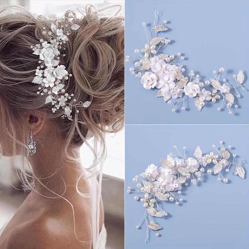 1Pc Flowers Bridal Wedding Hairstyle Vine Pearl Bridal Hair Piece Leaf Hair Accessories Rhinestone Headband Ladies and Daily Use