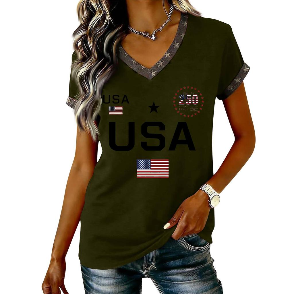 Damen Lässiger V-Ausschnitt Kurzarm Pullover Bedrucktes T-Shirt Top