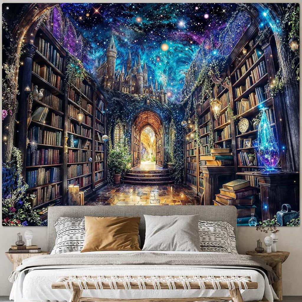 Magic bookshelf library tapestry wall decoration bedroom art tapestry living room wall hanging"