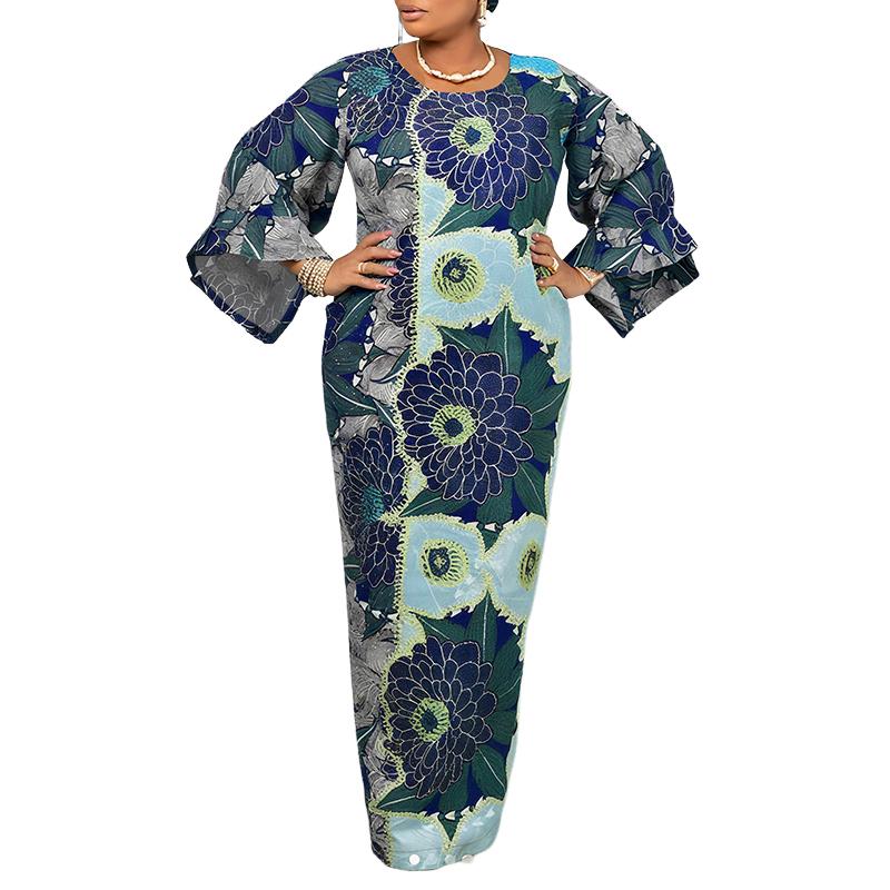 Plus Size Womens Casual Round Neck Long Sleeve Floral Printing Long Oversized Dress