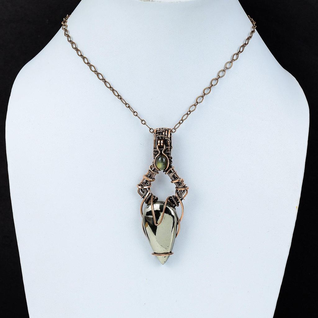 Gorgeous Golden Apache Pyrite Gemstone Pure Copper Wire Wrapped Handmade Pendant Jewelry