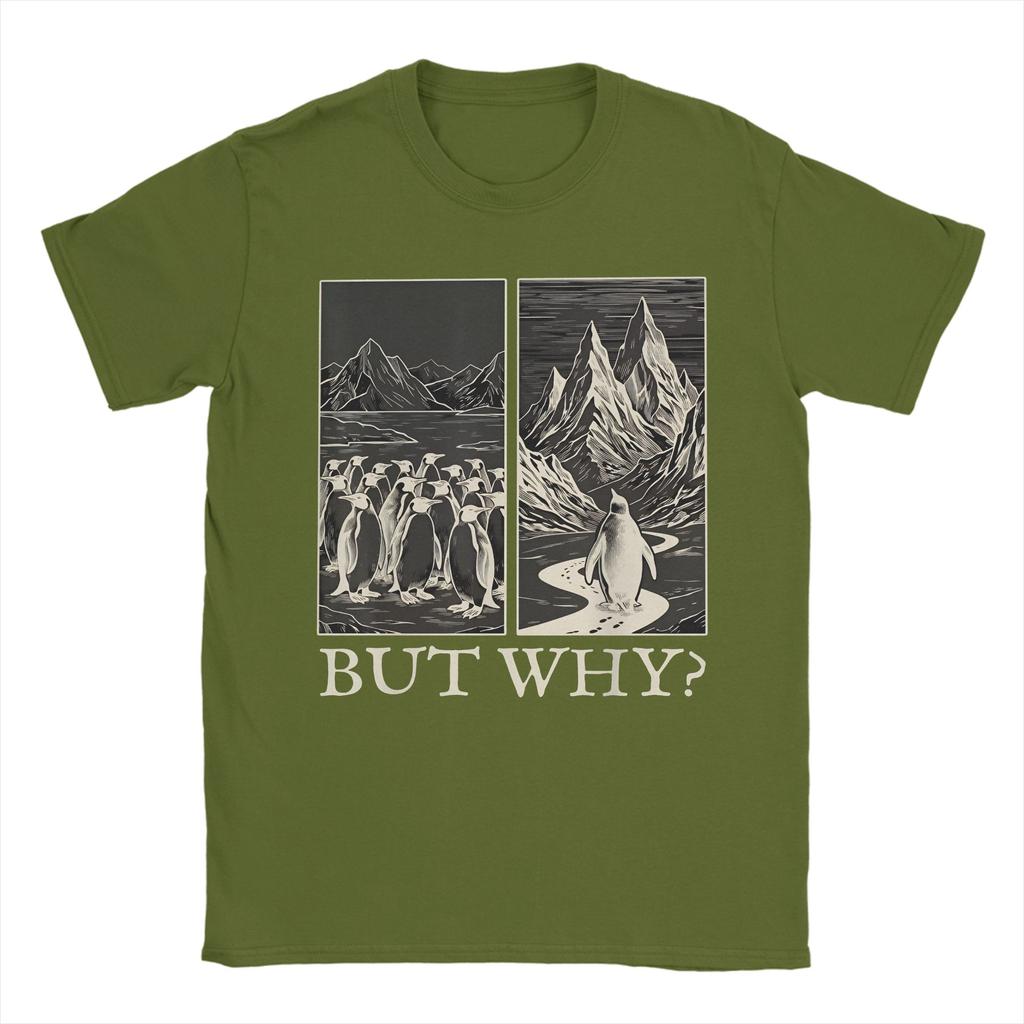 Penguin But Why Head Towards The Mountains Meme Mens T Shirt  Crazy Tees Short Sleeve Round Collar TShirt Pure Cotton 5XL Tops