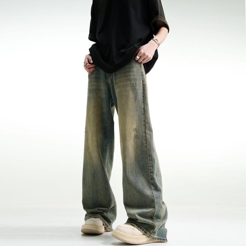 

Джинсы унисекс в стиле ретро с потертостями синего цвета с широкими штанинами - расклешенные брюки American High Street L синий