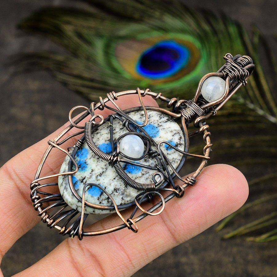 K2 Azurite, Moonstone Gemstone Copper Wire Wrap Jewelry Pendant 3.55"