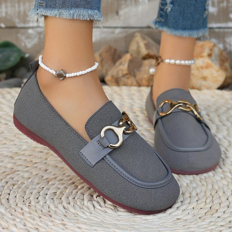 Women's Shoes Spring and Autumn New Korean Round Toe Shallow Metal Buckle Low Heel Flat Comfortable Casual Single Shoes