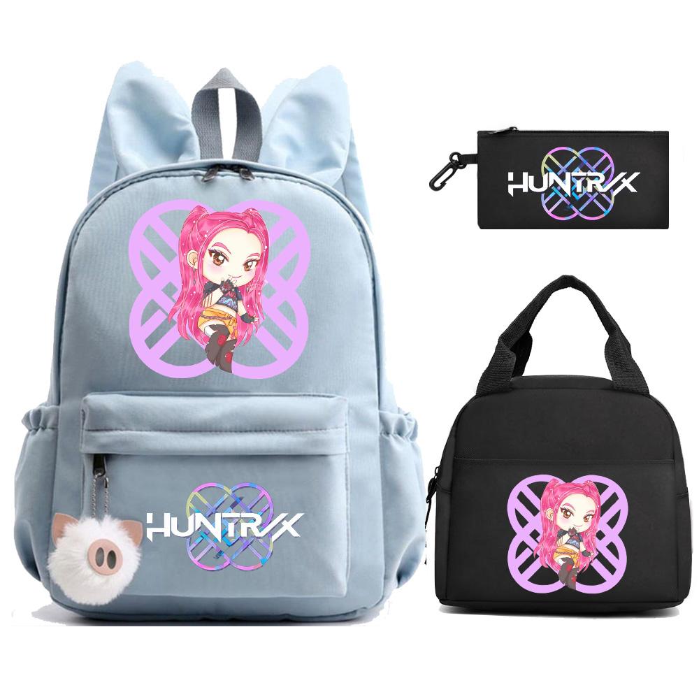 3Pcs/set K-Pop Demon Hunters Printed Backpack with Lunch Bag Pengcil Case for Teenager Girl Boy Back To School Bookbag Large Capacity Travel Bag