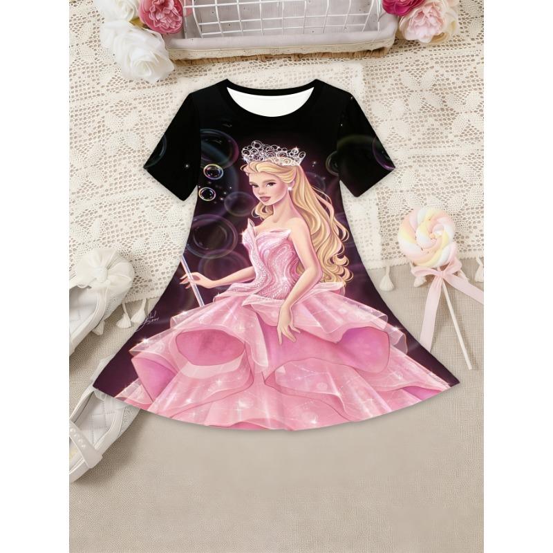 Adorable 3D Butterfly Print Dress for Girls with Vibrant Color Gradients, Glitter Accents, Short Sleeves,