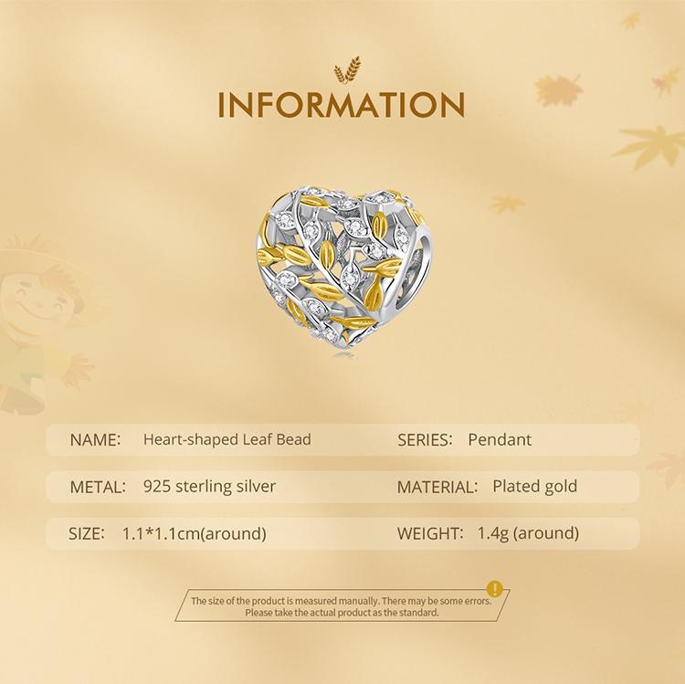 Bamoer 925 Sterling Silver Heart-shaped Leaf Pendant Fit for Women DIY Bracelet & Bangle Plated Gold Heart Charms Fine Jewelry