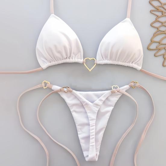 2Pcs/Set Women Bikini Set Heart Metal Buckle Halter Lace-up Swimsuit with Briefs Set