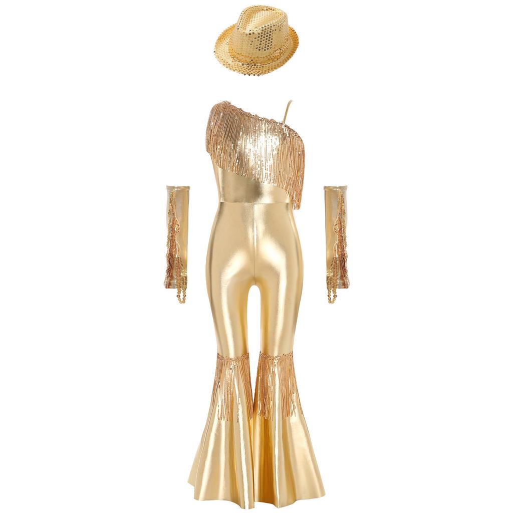 Kids Girls Jazz Disco Dance Jumpsuit Sleeveless One Shoulder Sequins Tassels High Waist Flared with Gloves and Fedora Hat for Banquet Pageant Party