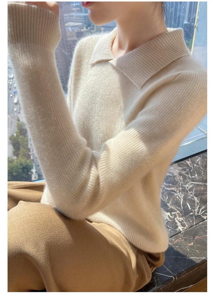 2024 Women's Solid Color Wool Knit Sweater - Autumn/Winter, Round Neck, Soft, Simple, Stylish Lapel Knitwear