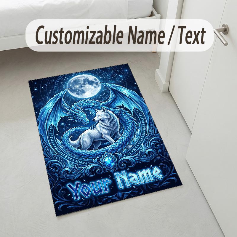 Dragon Phoenix Theme Crystal Velvet Rug Personalized Custom Name Text Soft Floor Mat Home Decor