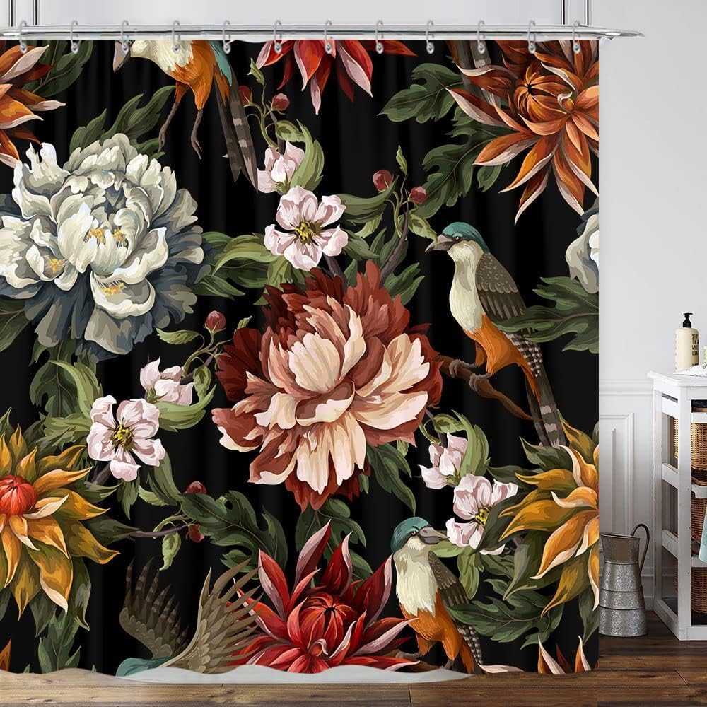 Vintage Boho Floral Shower Curtain, Cute Retro Bohemian Flower Botanical Aesthetic Decorative Shower Curtain Set with Hooks
