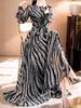 Mature Zebra Print Elegant Long Dress - Unique, Fashionable, Waist-Cinching