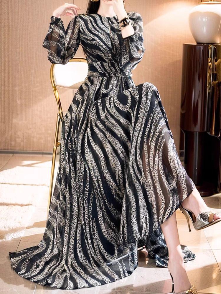 Mature Zebra Print Elegant Long Dress - Unique, Fashionable, Waist-Cinching