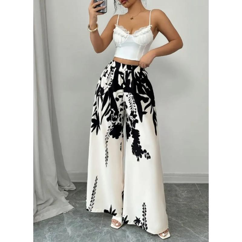 Damen Schwarzer Tinte Blumenmuster Weites Bein Hosen Elastisch Hohe Taille Seidiger Satin Palazzo Hosen Sommerurlaub Lässig Locker Lange Hosen