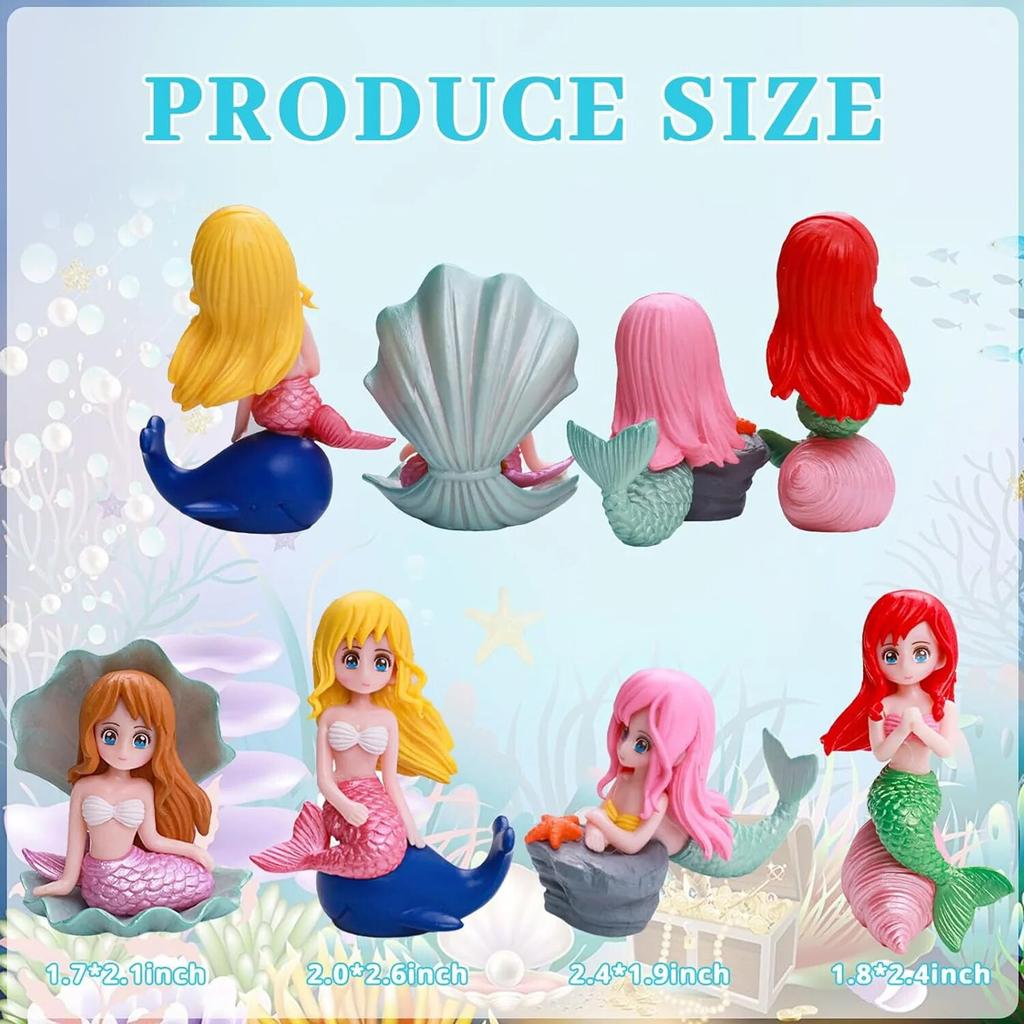4 יחידות קישוט לעוגת בת ים, דמויות בובות בת ים קטנות וחמודות, קישוטים לקישוט עוגת יום הולדת או קאפקייקס בת ים