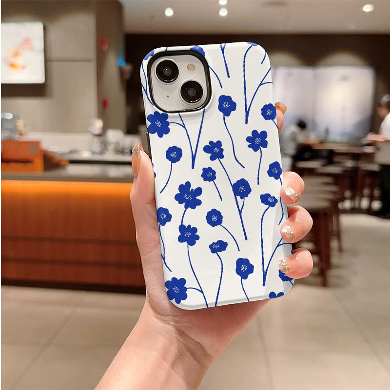Clean Serene Indigo Blue Stem Floral Pattern Art Film Aesthetic Protective Shockproof Bumper Case Cover For iPhone 14 15 16 Pro Max Plus