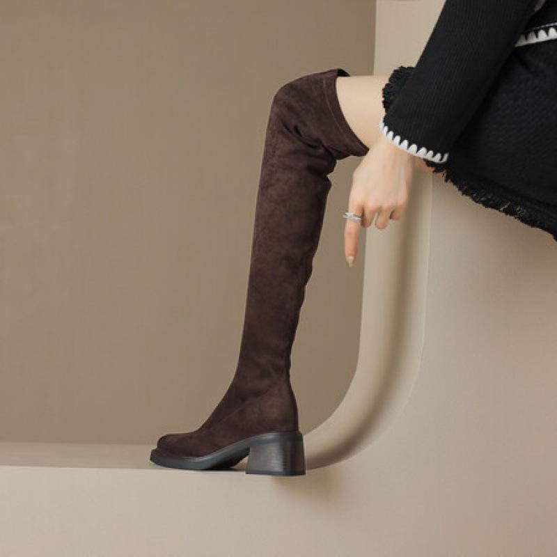 Autumn and winter women's suede over-knee boots medium heel large size women's boots square heel square head comfortable Korean version rubbe