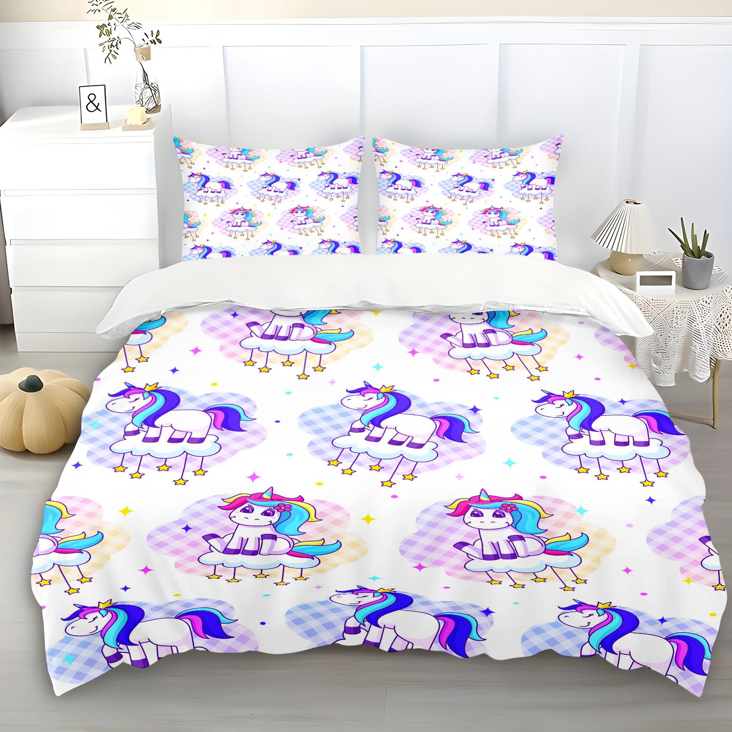 

Unicorn Quilt Cover, 3D Digital Printed Bedding with Pillowcases, Anime Theme, Four Seasons Zipper Closure, Home Decor 135x200cm