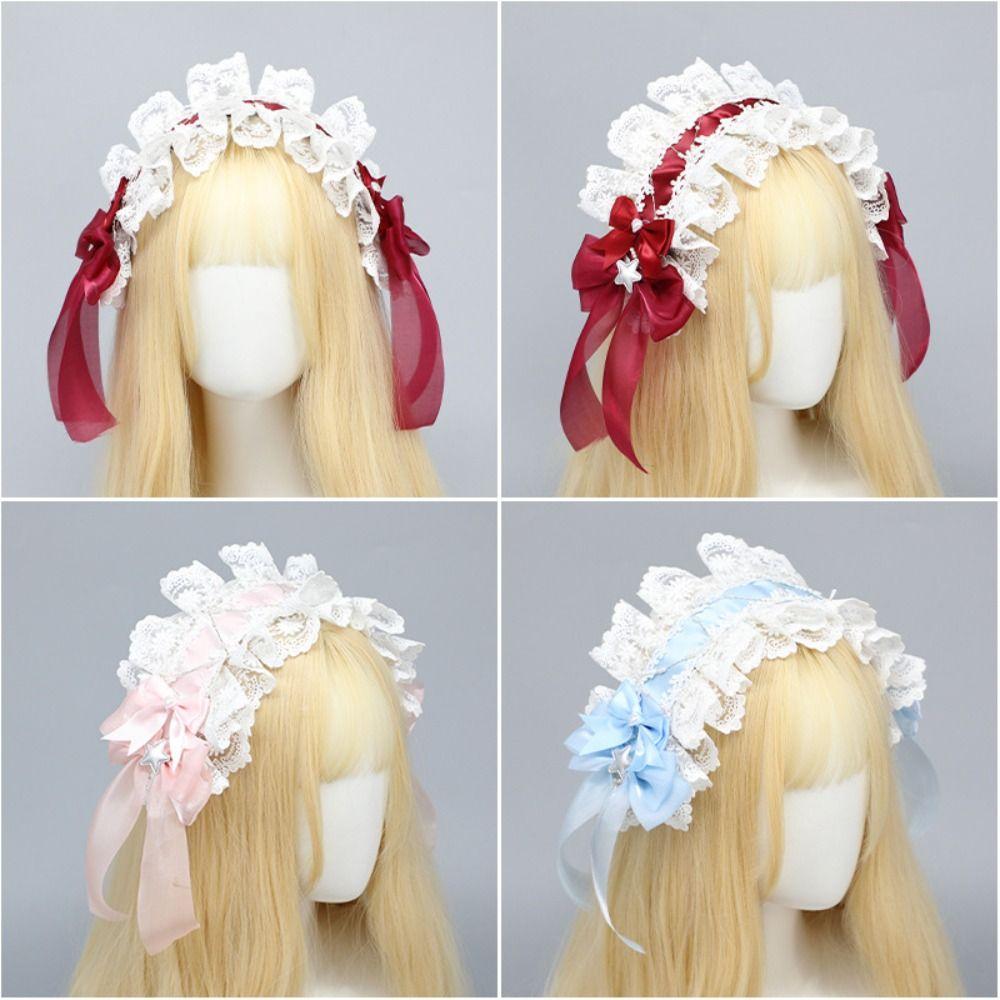 Ribbon Bow Lolita Lace Headband Sweet Anime Maid Cosplay Headdress Cute Ruffled Hairband Daily