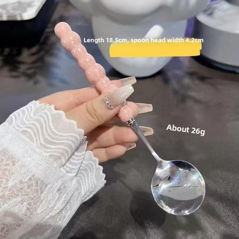 Pearl Stainless Steel Spoon with Imitation Ceramic Handle, Household Dining Spoon, High-temperature Resistant Round Spoon Spoon