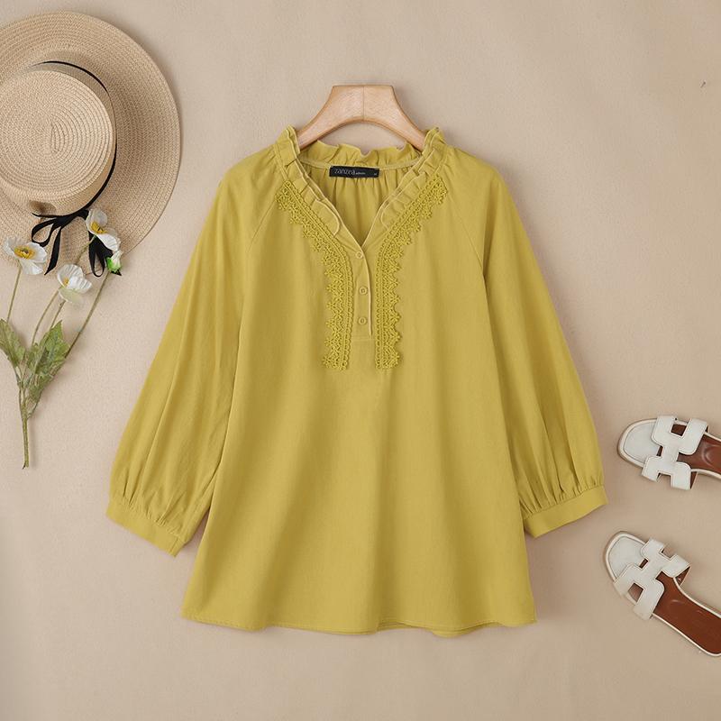 ZANZEA Women Lace Crochet Patchwork V-Neck Casual Long Sleeve Blouse