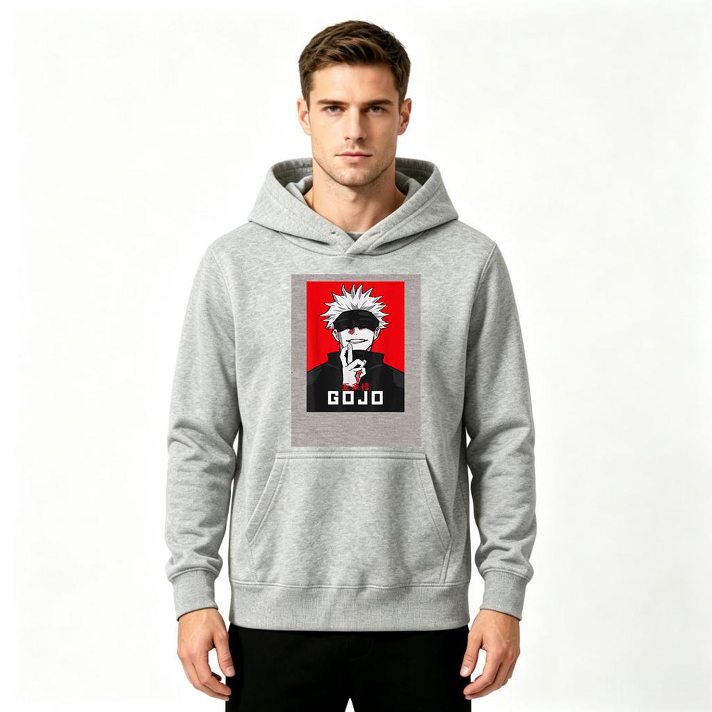 Anime Gojo Printed Men Pullover Hoodie, Casual Long Sleeve Black Hooded Sweatshirt for Daily Wear