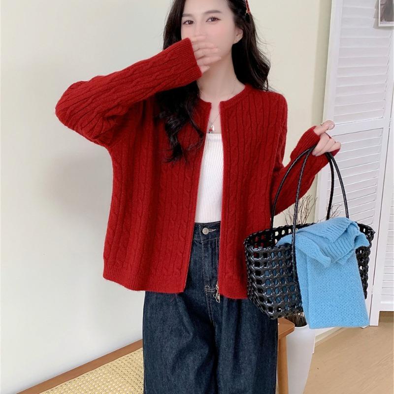 Simple small round neck twist knitted cardigan women's loose and thin versatile sweater jacket top