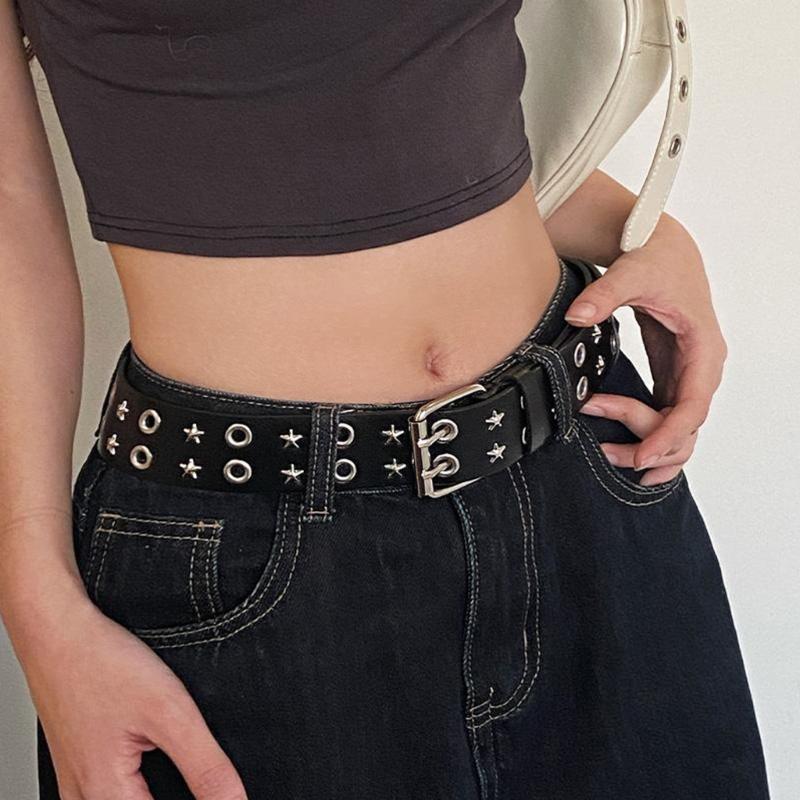 PU Leather Punk Waist Belt with Star Rivets And Double Buckles Holes For Daily Wear and Theme Occasion Dressingup Props
