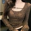 European & American Leopard Print U-Neck Slim Fit Long Sleeve Crop Top - Mature Sexy Style