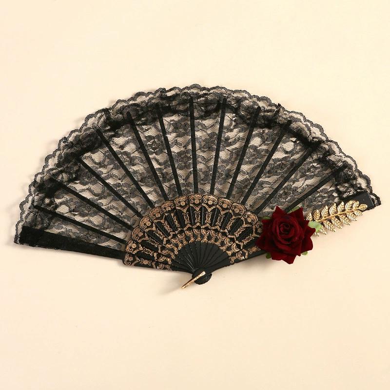 1 szt. Koronkowy wachlarz ręczny z kwiatem, lekki, retro, rekwizyt fotograficzny na imprezę, wachlarz Lolita Gothic w stylu pałacu królewskiego, dekoracja ze sztucznej róży