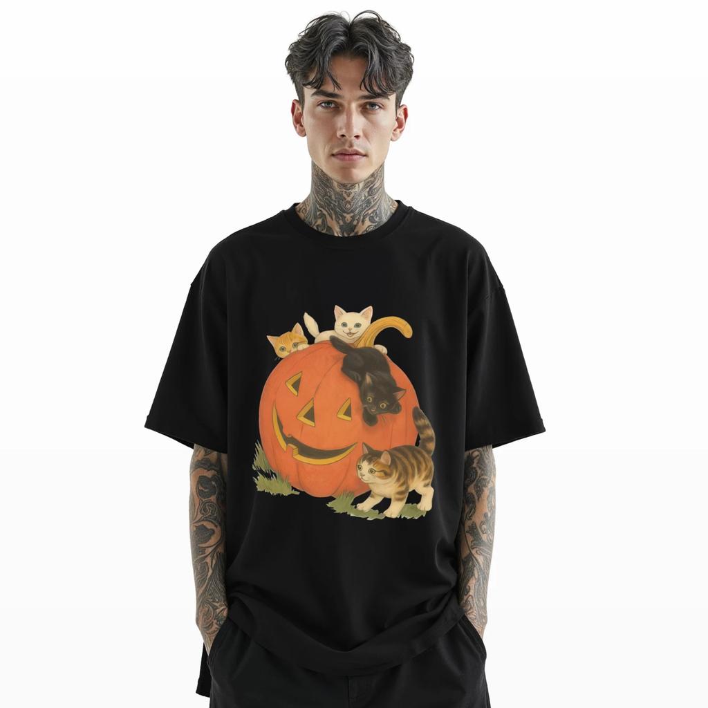 Halloween Kürbis Katzen T-Shirt Süße Kätzchen mit Jack O’Lantern Grafik T-Shirt A231