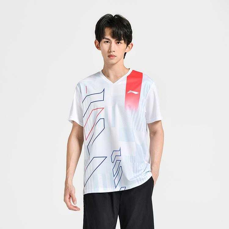 Li-Ning Geometric Striped Color Block V-Neck Short Sleeve Solid Color Versatile Shorts Casual Sports Set Unisex sets AAYU269-2+AKSU789-3