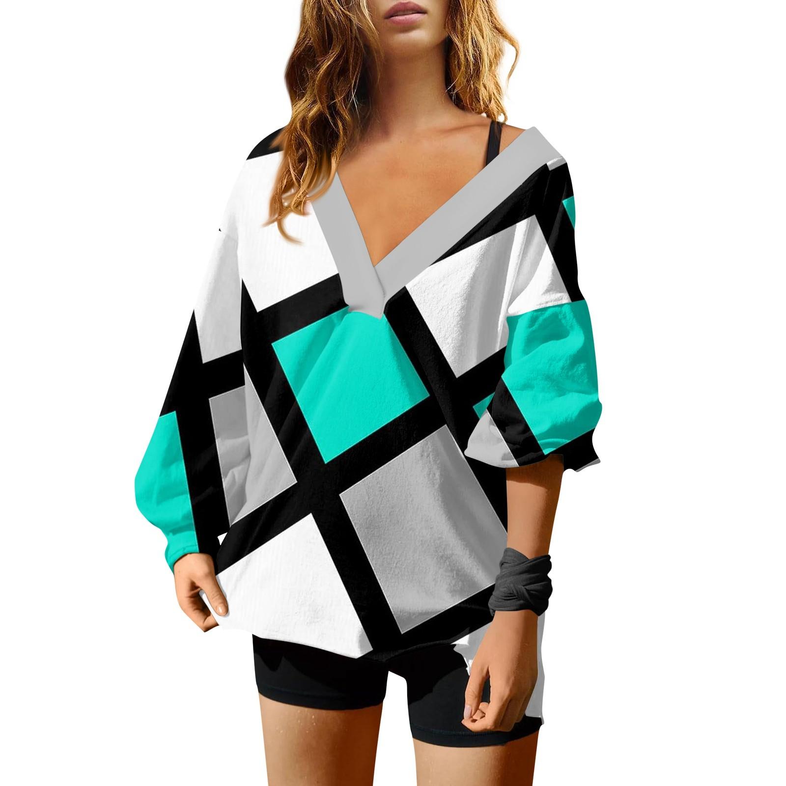 

Женская мода V-образный вырез длинный рукав принтованный свободный пуловер свитшот топ XL циан