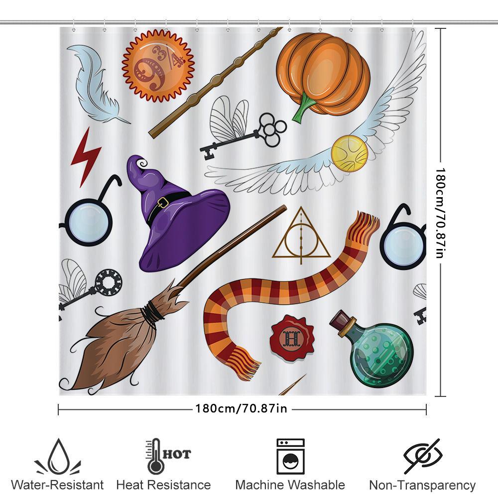 Halloween-Themed Shower Curtain With Magic Wands, Witches Hats Brooms, Pumpkin Owl Designs For Bathroom Decor. Perfect Gift Idea