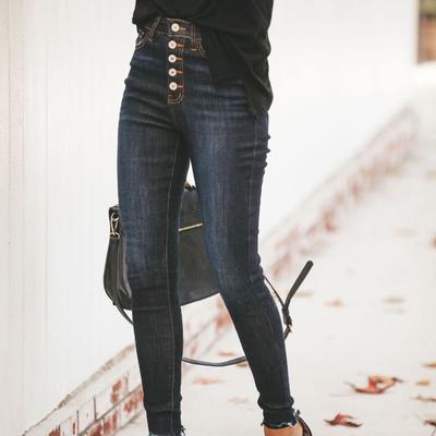 Women High Waist Stretch Denim Jeans Button Skinny Slim Casual Pencil Pants Ladies Trousers