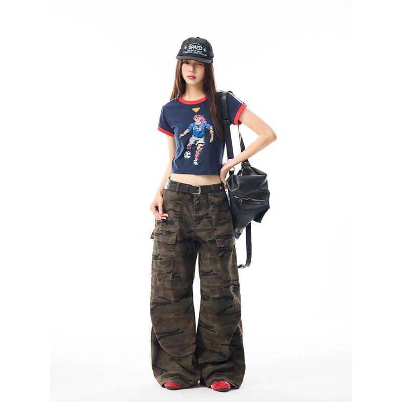 Vintage Camo Cargo Jeans Women Loose Straight Leg Casual Wide Pants Streetwear