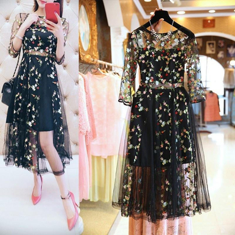 knee length dresses for ladies TRANSPARENT MESH FLORAL EMBROIDERED SHORT DRESS