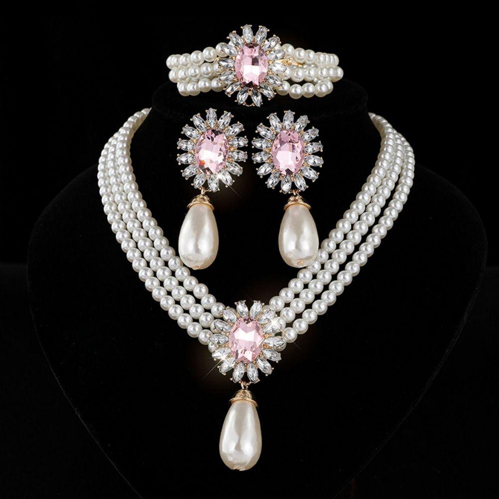 Flower Multilayer Jewelry Set Shining Women's Necklace Pearl Necklace Earring Set Women