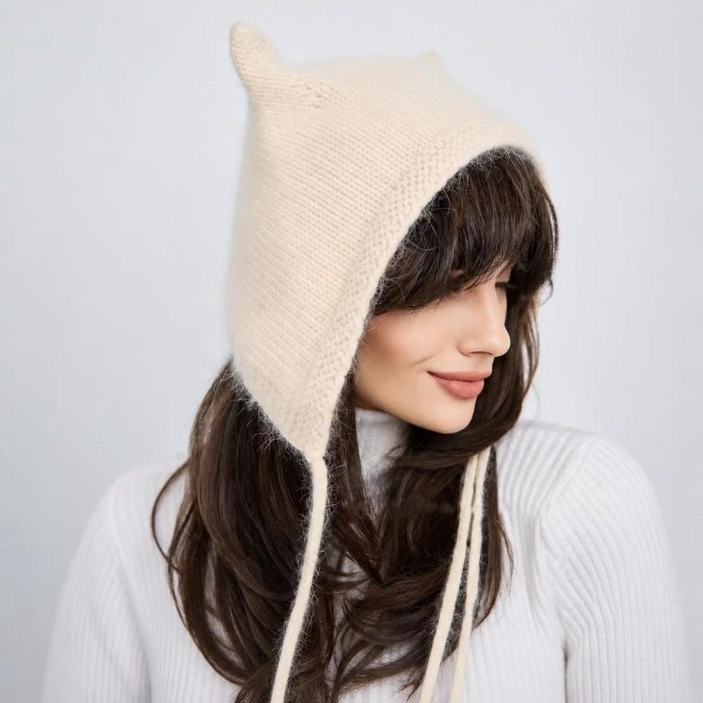Solid Color Knit Winter Hat Laced Up Plush Fluffy Hat Cute Cat Ear Beanie For Women