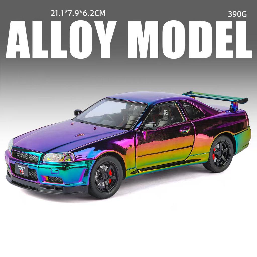 1/24 Nissan Electroplated GT-R GTR R34 Alloy Sports Car Model Diecasts Metal Track Racing Car Vehicles Model Sound Light Kids Toys Gift
