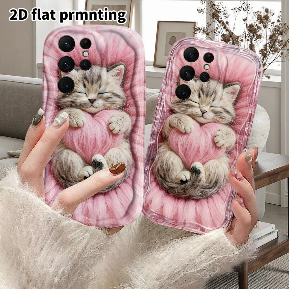 Phone Case: 2D Flat Samsung Galaxy A34 A35 M05 M06 S20 S22 S21 FE Plus 5G Protective Case, Couple Style, Holding Heart Kitten, Christmas and Halloween
