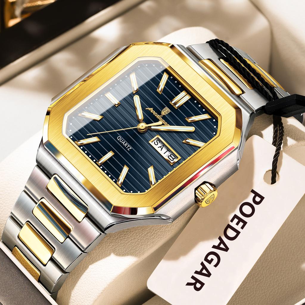 POEDAGAR Square Fashion Man Wristwatch Waterproof Luminous Date Week Quartz Men's Watches Stainless Steel Luxury Men Watch Reloj