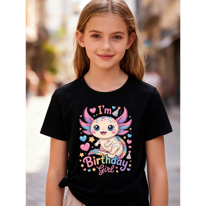 Girls I'M Birthday Girl Axolotl Print Crewneck Short Sleeve Tee, Kids Birthday Party Gift T-shirt