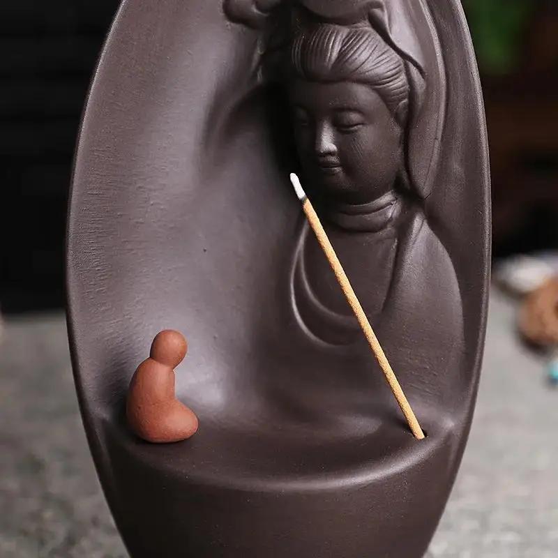 1pc,Avalokitesvara Purple Clay Buddism Backflow Incense Burner Incense Stick Holder Home Decor (Without Incense)