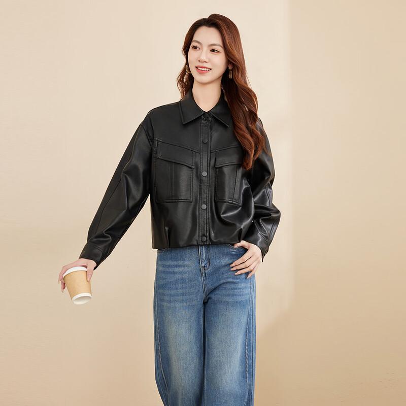 Sanpowa Women's Fall Lapel Single-Breasted Faux Leather Jacket